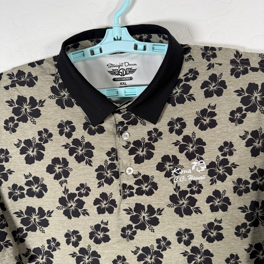 Straight Down Polo Shirt Mens 2XL Tan Floral Kona CC Hawaii Golf Performance